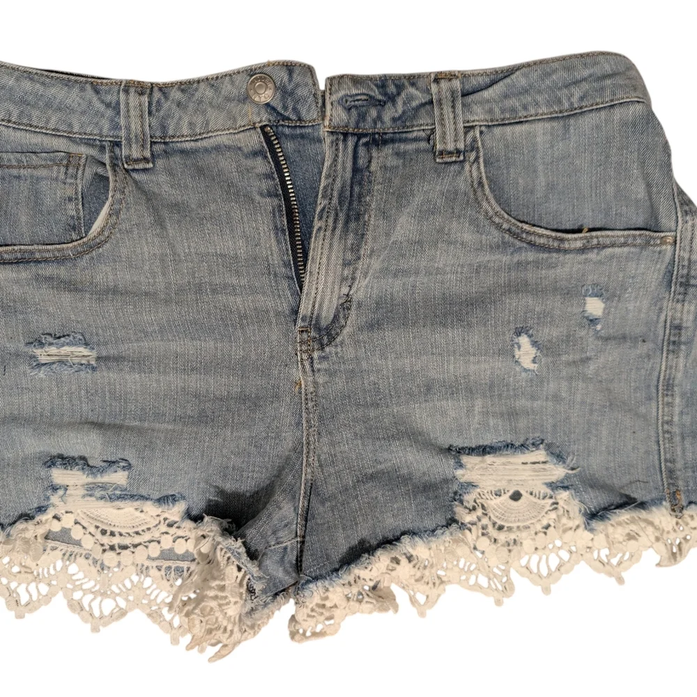 Stylish‎ Blue Denim Shorts with Lace Detail